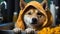 An Akita Inu puppy snugly wrapped in a yellow towel after a bath