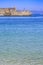 Akti sachtouri beach with Naillac tower on sea in Rhodes old town