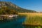 AKYAKA, MUGLA, TURKEY: Sightseeing boats for tourists on the Azmak river in the village of Akyaka.