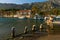 AKYAKA, MUGLA, TURKEY: Sightseeing boats for tourists on the Azmak river in the village of Akyaka.