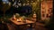 An al fresco dining area in a garden, fairy lights twinkling above.