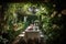al fresco dining in private garden with lush greenery and rose blossoms