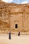 Al Ula, Saudi Arabia, February 19 2020: Two Saudis visit the graves of Jabal Al Ahmar