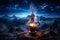 Aladdins mysterious lamp with glowing fire and smoke on magical night sky and desert background. Generative AI