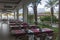 Alanya, Turkey - October 05, 2018. The hotelâ€™s restaurant tables are set outside. View from the height. The concept of fast