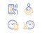 Alarm bell, Share and Bitcoin pay icons set. Time management sign. Time, Referral person, Mobile payment. Vector