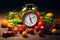 Alarm clock amidst vibrant produce symbolizes healthy living, diet consciousness, and timely choices