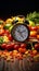 Alarm clock amidst vibrant produce symbolizes healthy living, diet consciousness, and timely choices