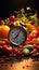 Alarm clock amidst vibrant produce symbolizes healthy living, diet consciousness, and timely choices