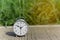 Alarm clock with blur green nature background.