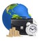 Alarm clock, briefcase, coins , earth isolated