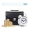 Alarm clock, briefcase, coins , map isolated