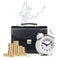 Alarm clock, briefcase, coins , map isolated
