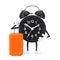 Alarm Clock Character Mascot with Orange Travel Suitcase. 3d Rendering