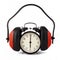 Alarm clock with ear defenders on.