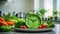 Alarm clock, fresh assorted vegetables on kitchen background health, control, organic