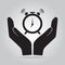 Alarm clock in hand icon. Care, safe time concept