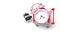 Alarm clock in a pink plastic case and black hands in a metal shopping cart with tally click counter  on a white background