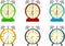 Alarm clock, a set of six different alarms. Vector illustration of cartoon alarm clocks