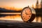 an alarm clock sitting on top of a log by a lake