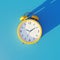 Alarm clock yellow on a blue background. 3d render.