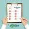 Alarm signs of Gallbladder cancer infographic in flat design. Gallbladder disease symptom icon set and awareness ribbon.