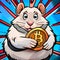 Alarmed hamster holding Bitcoin coin