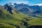 The Alaska Range mountains as seen from Eielson Visitors Center in Denali National Park on a clear sunny summer day