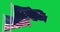 Alaska state flag waving with the American flag isolated on green background