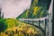 Alaska train White Pass Yukon route railroad railway ride on old transport rails in Alaskan fall autumn landscape, USA