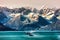 Alaska whale watching boat excursion. Inside passage mountain range landscape luxury travel cruise concept
