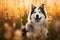 Alaskan malamute dog sitting in meadow field surrounded by vibrant wildflowers and grass on sunny day AI Generated