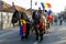 Alba Iulia, Romania - 01.12.2018: Carriage with people dressed in traditional Romanian clothing waiting to participate in the