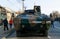 Alba Iulia, Romania - 01.12.2018: Polish service woman standing atop an armoured personnel carrier