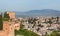 Albacin old town roofs top view from the Generalife gardens, Alhambra castle, Andalusia, Spain. Wide angle panoramic high-