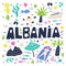 Albania flat hand drawn vector illustration. Albania flora, fauna, landmarks cartoon cliparts