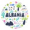 Albania round composition flat hand drawn vector illustration. Albania flora, fauna, landmarks cartoon cliparts