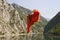 Albanian national flag on Komani lake