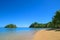 Albatross Island view from Upolu Island coast, pristine tropical coastal paradise with crystal pure blue waters in Pacific Ocean