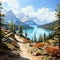 Alberta Landscape Mountain Path Digital Illustration With Peyto Lake