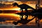 Albertosaurus dinosaur on the lake shore at sunset.