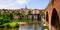 Albi view city and old red brick stone bridge over Tarn river in France