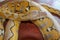 Albino reticulated python. Python snake yellow lying on the wooden table. Close up of Big Python regius or Royal Python is a large