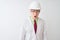 Albino scientist man wearing glasses and helmet standing over isolated white background afraid and shocked with surprise
