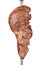 Alcatra, bovine rump meat, traditional brazilian barbecue whole piece on skewer isolated white background