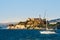 Alcatraz island with prison and yacht in San Francisco bay, California, USA