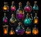 Alchemical collection of flasks in unique shapes, each containing glowing potions of diverse hues, isolated on black. Generative