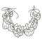 Alchemical ingredient fly agaric mushrooms strung on a rope for drying outlined for coloring page on white