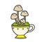 Alchemical ingredient poisonous toadstool mushrooms grow in a teacup color variation for coloring page on white