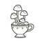 Alchemical ingredient poisonous toadstool mushrooms grow in a teacup outlined for coloring page on white